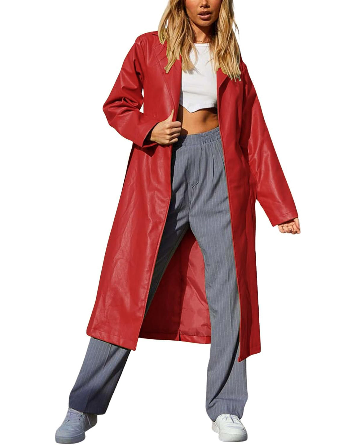 Chouyatou Women's Casual Lapel Open Front Pu Faux Leather Long Trench Coat with Belt