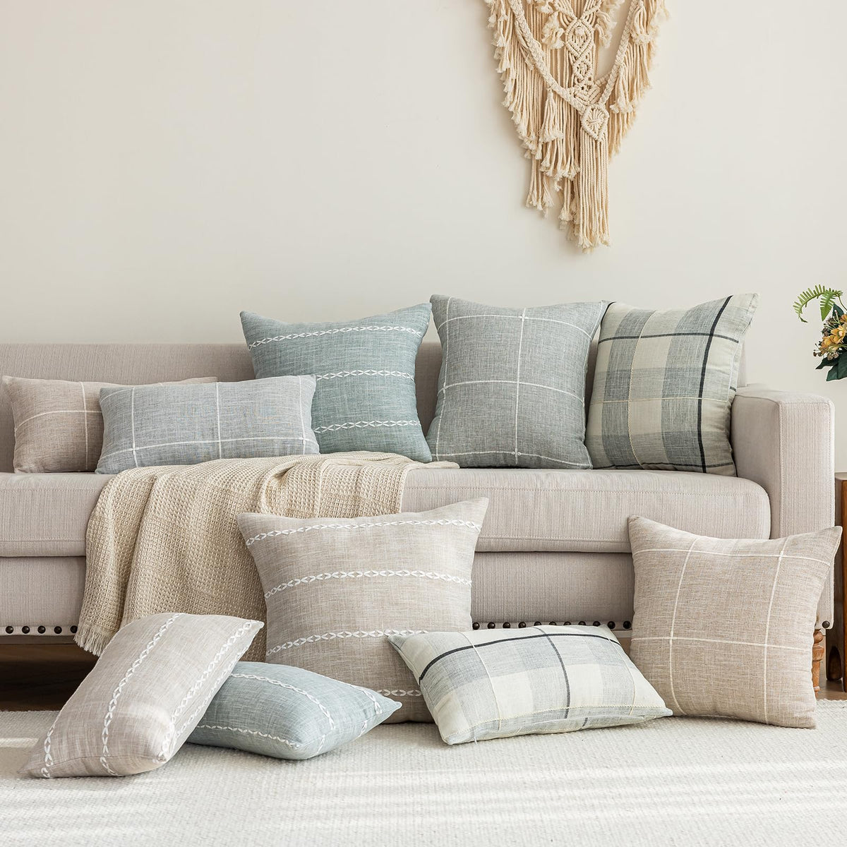 VGAMEX Cotton Linen Decorative Throw Pillow Covers Rustic Lattice Embroidery Square Cushion Cover Pillowcase for Sofa Bedroom Couch