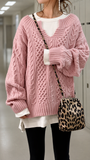 Chouyatou Women's Winter Chunky V Neck Long Sleeve Loose Cable Knit Sweater Pullover