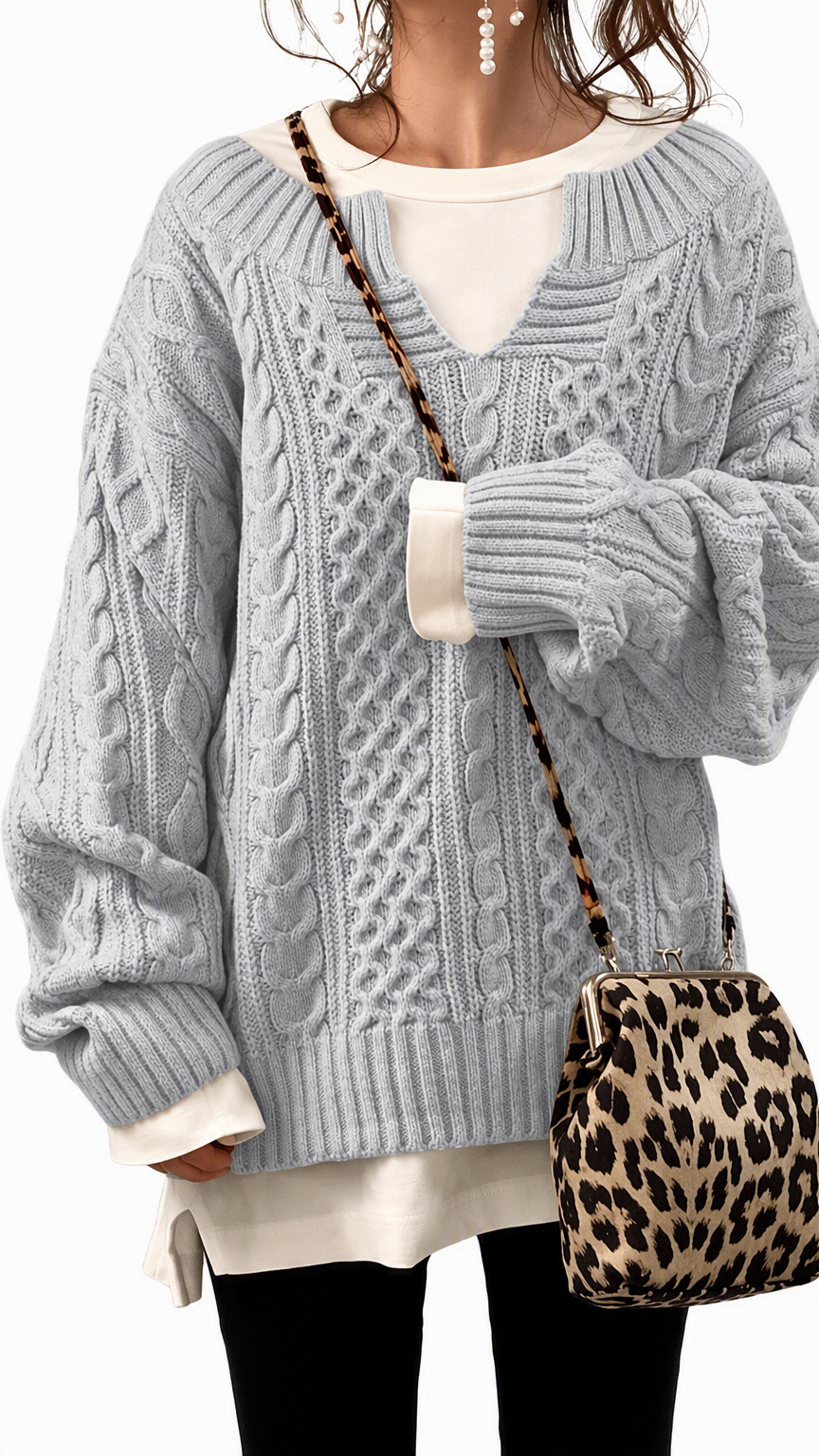 Chouyatou Women's Winter Chunky V Neck Long Sleeve Loose Cable Knit Sweater Pullover