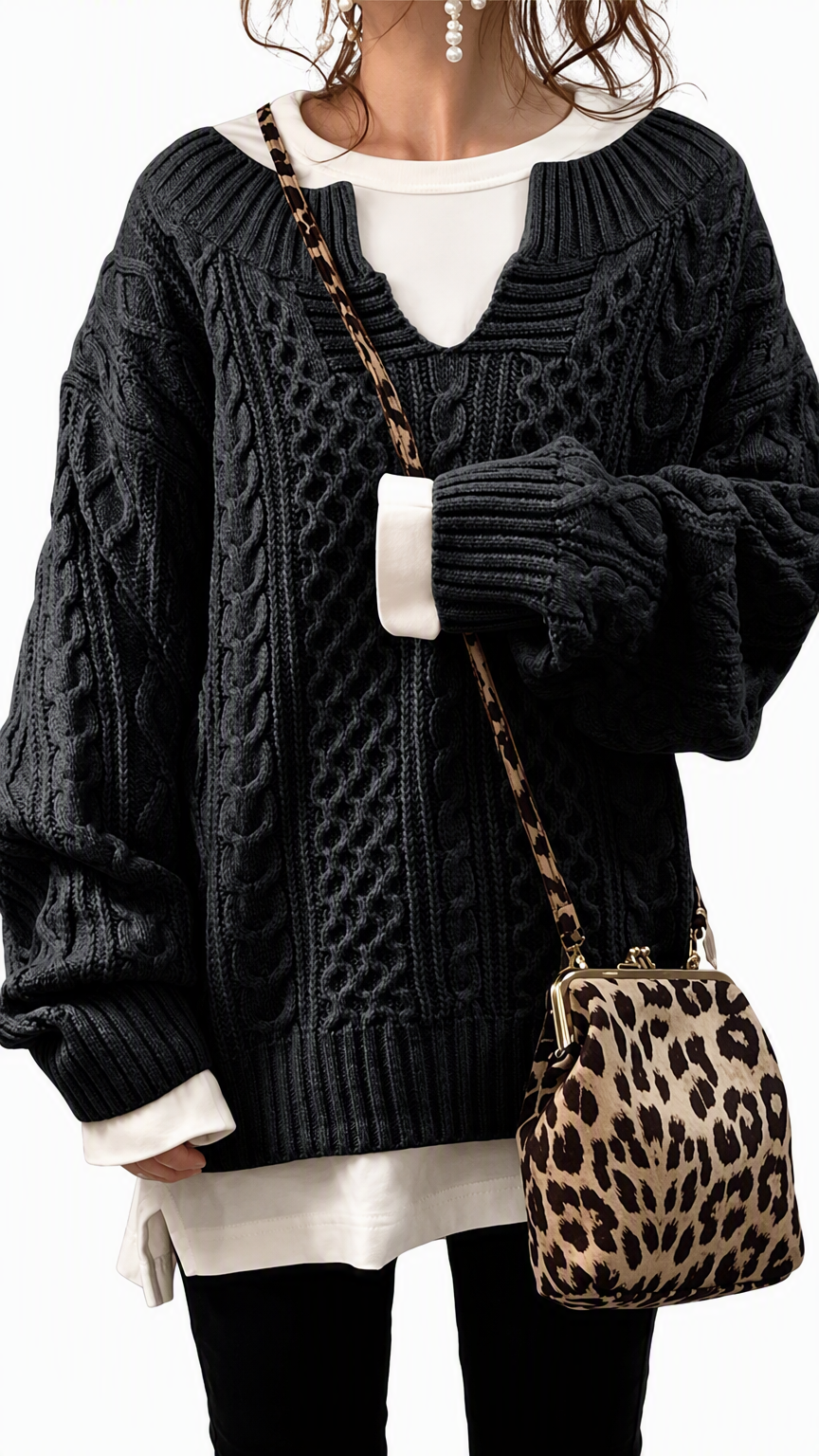 Chouyatou Women's Winter Chunky V Neck Long Sleeve Loose Cable Knit Sweater Pullover