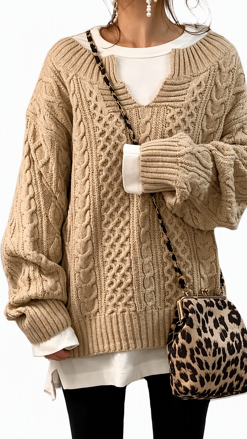 Chouyatou Women's Winter Chunky V Neck Long Sleeve Loose Cable Knit Sweater Pullover