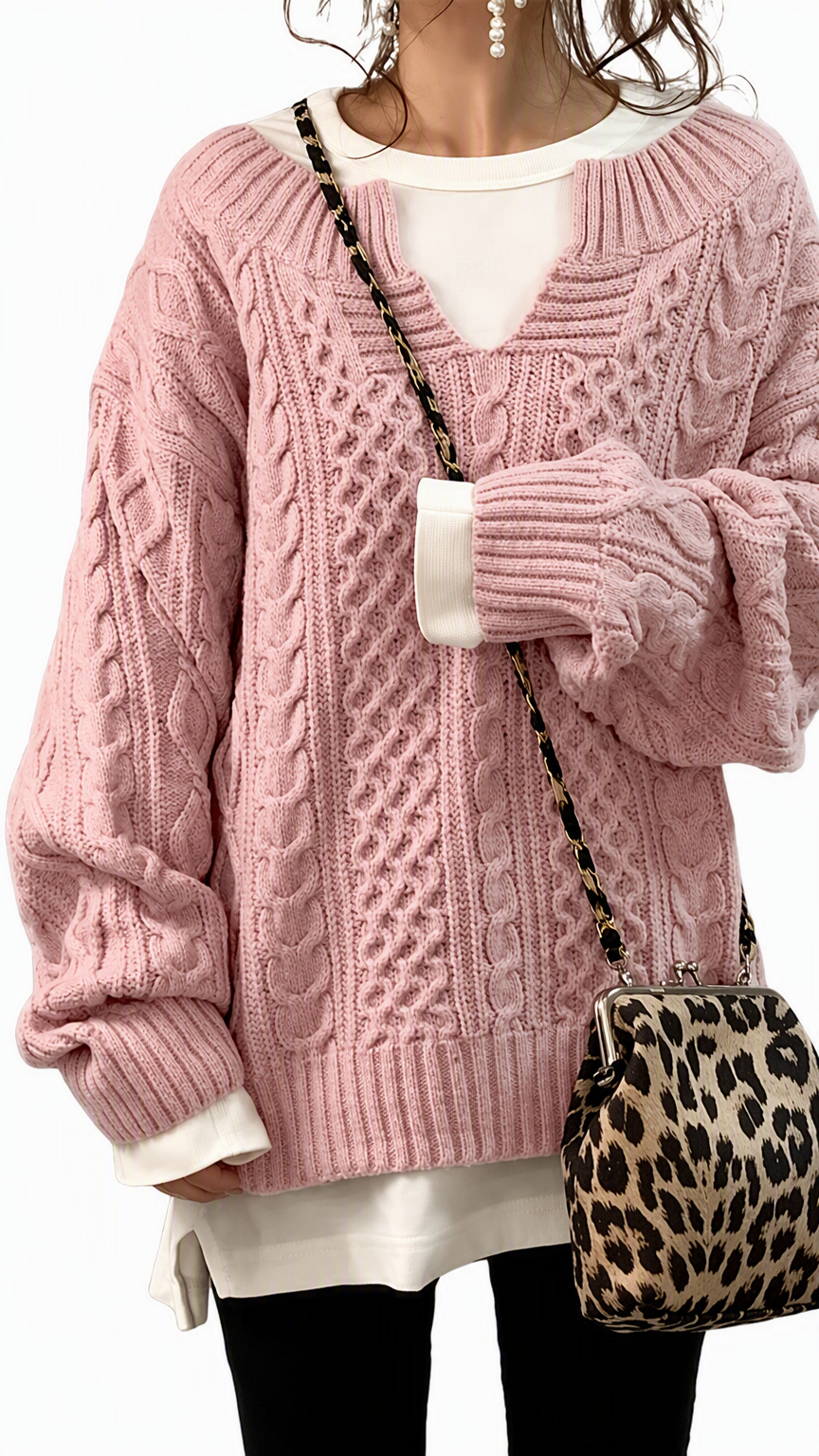 Chouyatou Women's Winter Chunky V Neck Long Sleeve Loose Cable Knit Sweater Pullover