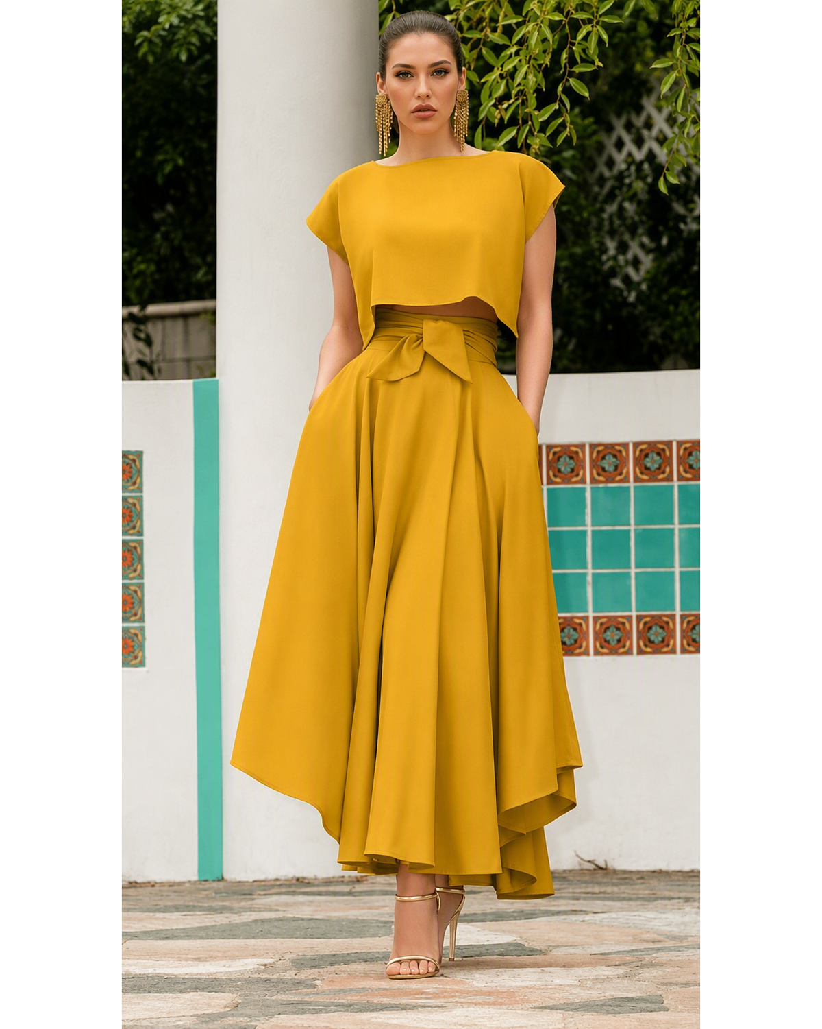 Chouyatou Women's Elegant High Waisted Side Slit Irregular Bohemian Maxi Skirt with Pockets