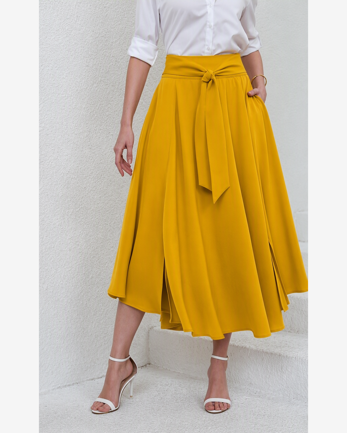 Chouyatou Women's Elegant High Waisted Side Slit Irregular Bohemian Maxi Skirt with Pockets