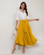Chouyatou Women's Elegant High Waisted Side Slit Irregular Bohemian Maxi Skirt with Pockets
