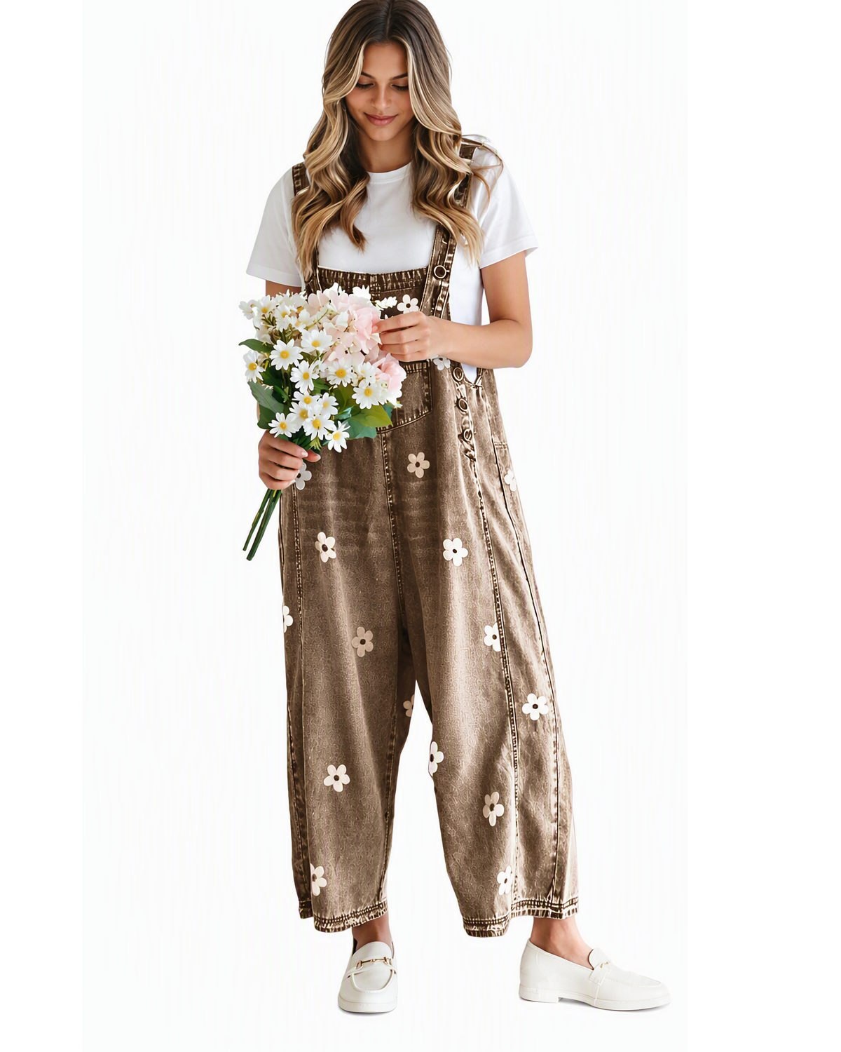 Chouyatou Women Floral Printed Adjustable Strap Denim Bib Overall Wide Leg Jeans Casual Baggy Overalls Jumpsuit