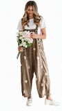 Chouyatou Women Floral Printed Adjustable Strap Denim Bib Overall Wide Leg Jeans Casual Baggy Overalls Jumpsuit