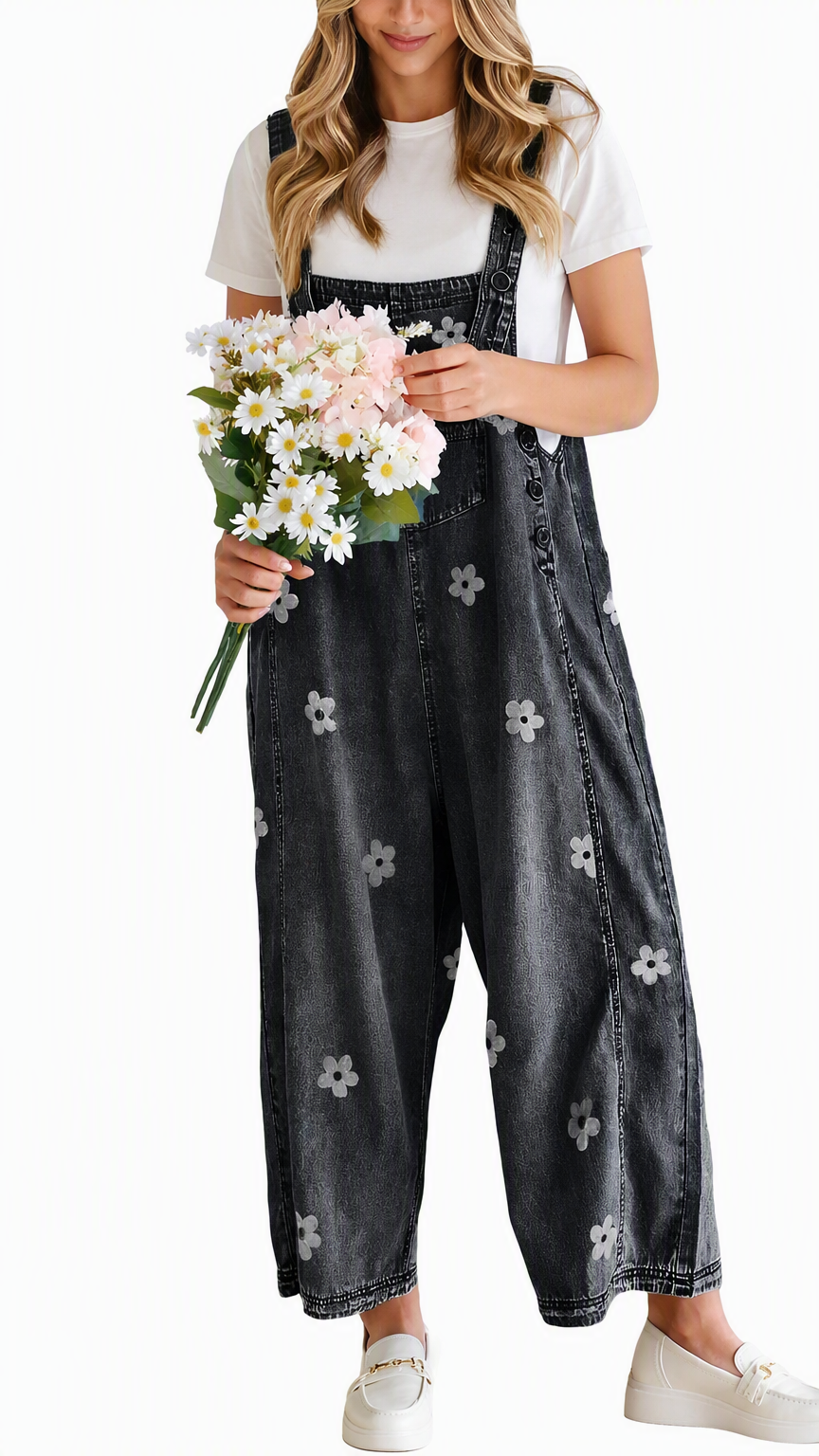 Chouyatou Women Floral Printed Adjustable Strap Denim Bib Overall Wide Leg Jeans Casual Baggy Overalls Jumpsuit