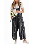 Chouyatou Women Floral Printed Adjustable Strap Denim Bib Overall Wide Leg Jeans Casual Baggy Overalls Jumpsuit
