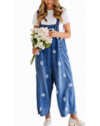 Chouyatou Women Floral Printed Adjustable Strap Denim Bib Overall Wide Leg Jeans Casual Baggy Overalls Jumpsuit