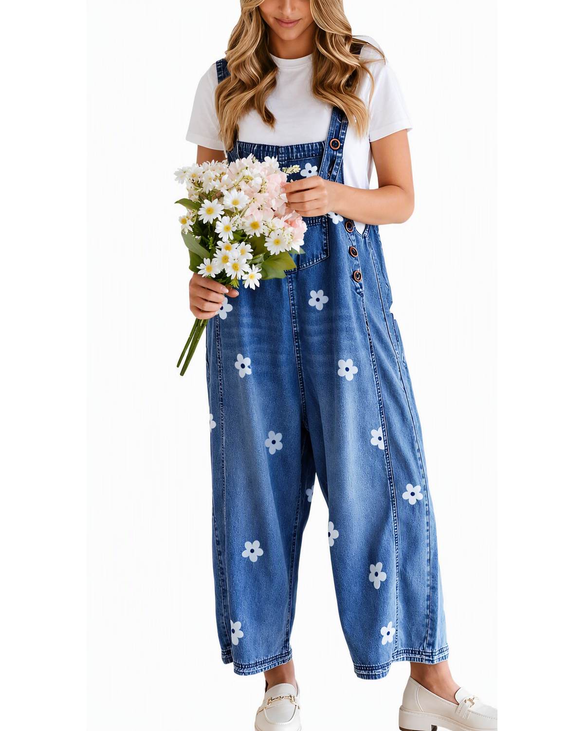 Chouyatou Women Floral Printed Adjustable Strap Denim Bib Overall Wide Leg Jeans Casual Baggy Overalls Jumpsuit