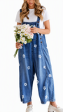 Chouyatou Women Floral Printed Adjustable Strap Denim Bib Overall Wide Leg Jeans Casual Baggy Overalls Jumpsuit