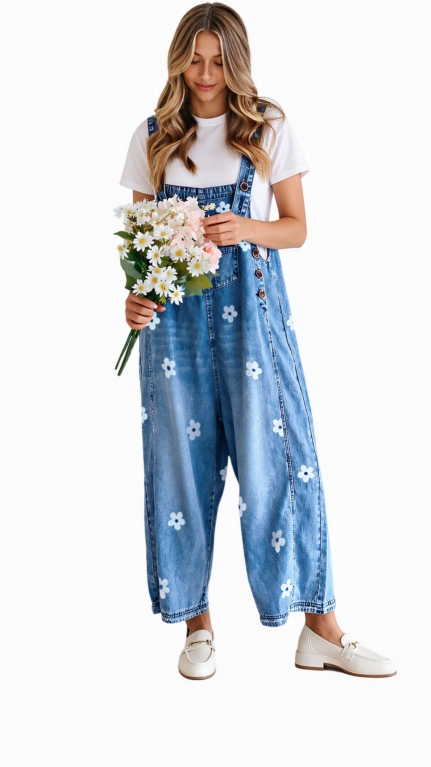 Chouyatou Women Floral Printed Adjustable Strap Denim Bib Overall Wide Leg Jeans Casual Baggy Overalls Jumpsuit