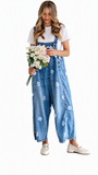 Chouyatou Women Floral Printed Adjustable Strap Denim Bib Overall Wide Leg Jeans Casual Baggy Overalls Jumpsuit