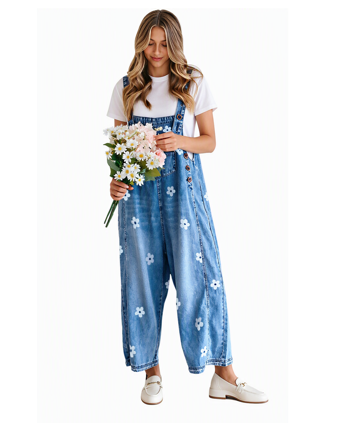 Chouyatou Women Floral Printed Adjustable Strap Denim Bib Overall Wide Leg Jeans Casual Baggy Overalls Jumpsuit