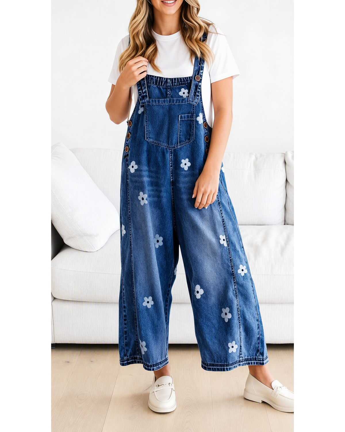 Chouyatou Women Floral Printed Adjustable Strap Denim Bib Overall Wide Leg Jeans Casual Baggy Overalls Jumpsuit