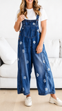 Chouyatou Women Floral Printed Adjustable Strap Denim Bib Overall Wide Leg Jeans Casual Baggy Overalls Jumpsuit