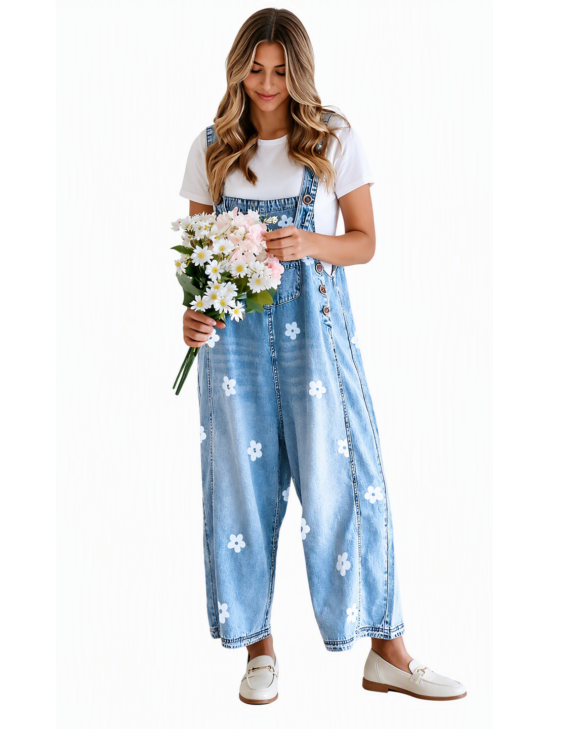 Chouyatou Women Floral Printed Adjustable Strap Denim Bib Overall Wide Leg Jeans Casual Baggy Overalls Jumpsuit