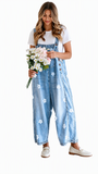 Chouyatou Women Floral Printed Adjustable Strap Denim Bib Overall Wide Leg Jeans Casual Baggy Overalls Jumpsuit