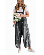 Chouyatou Women Floral Printed Adjustable Strap Denim Bib Overall Wide Leg Jeans Casual Baggy Overalls Jumpsuit