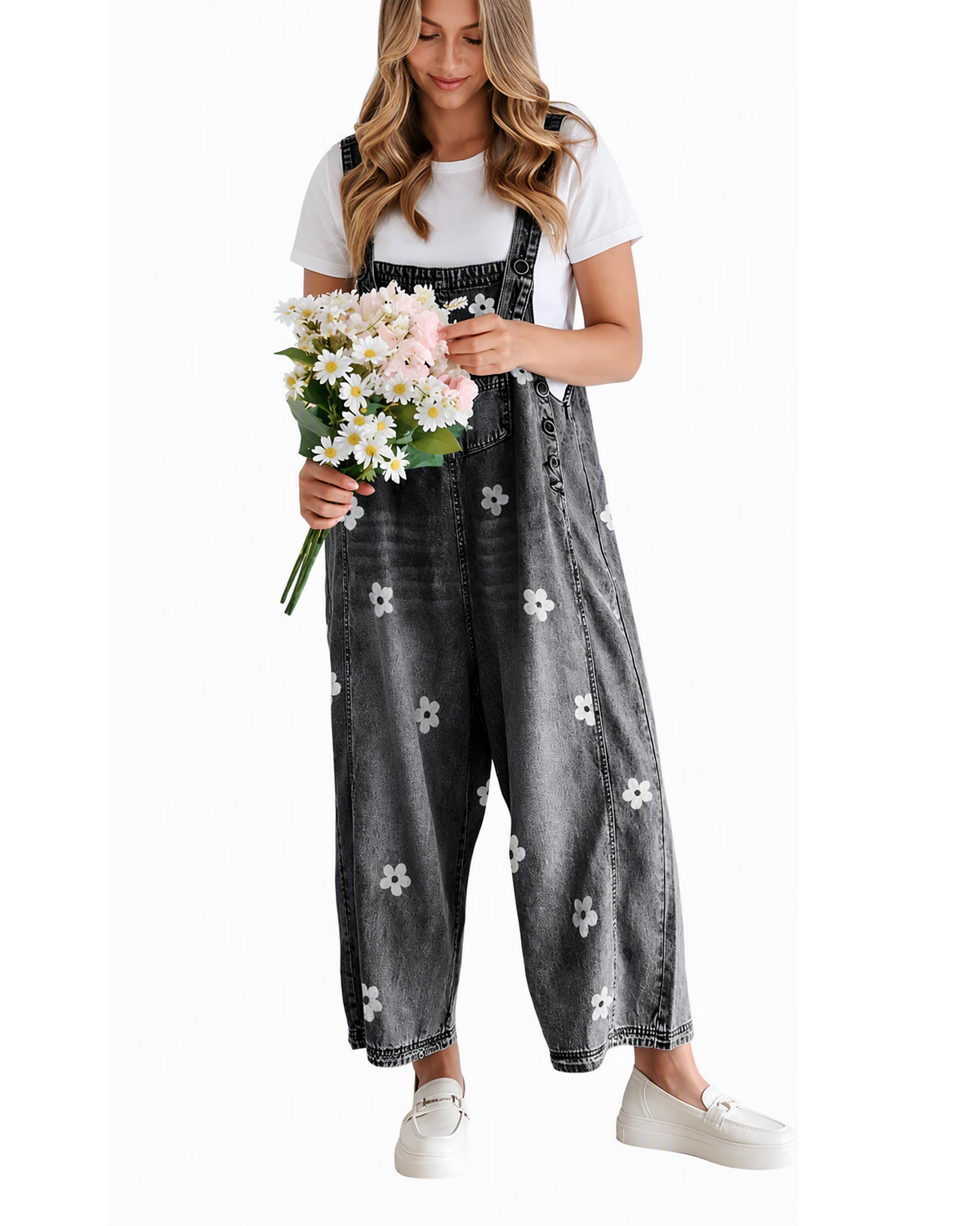 Chouyatou Women Floral Printed Adjustable Strap Denim Bib Overall Wide Leg Jeans Casual Baggy Overalls Jumpsuit