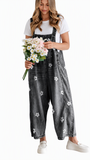 Chouyatou Women Floral Printed Adjustable Strap Denim Bib Overall Wide Leg Jeans Casual Baggy Overalls Jumpsuit