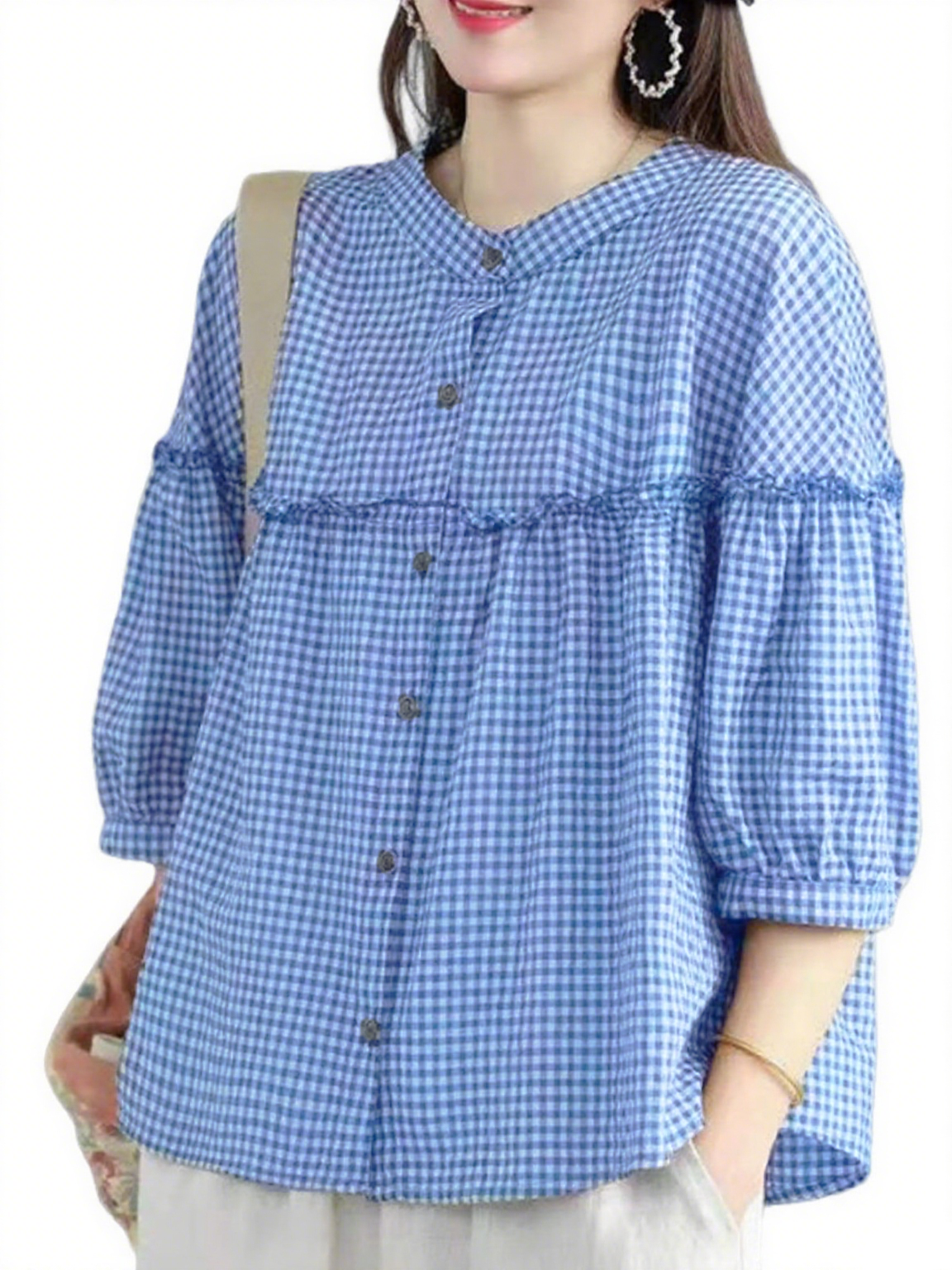 UTCOCO Womens Plaid Button Down Shirts Casual Loose Fit 3/4 Sleeve Gingham Top Checkered Blouses