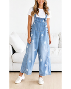 Chouyatou Women Floral Printed Adjustable Strap Denim Bib Overall Wide Leg Jeans Casual Baggy Overalls Jumpsuit