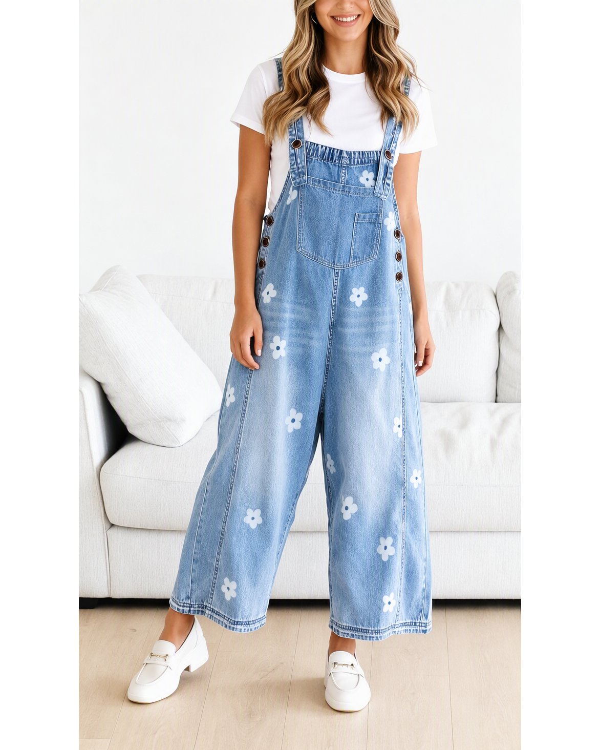 Chouyatou Women Floral Printed Adjustable Strap Denim Bib Overall Wide Leg Jeans Casual Baggy Overalls Jumpsuit