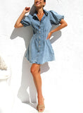 Chouyatou Womens Mini Denim Shirts Dress Puff Short Sleeves Distressed Jean Dress Button Down Casual Tunic Tops