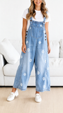 Chouyatou Women Floral Printed Adjustable Strap Denim Bib Overall Wide Leg Jeans Casual Baggy Overalls Jumpsuit