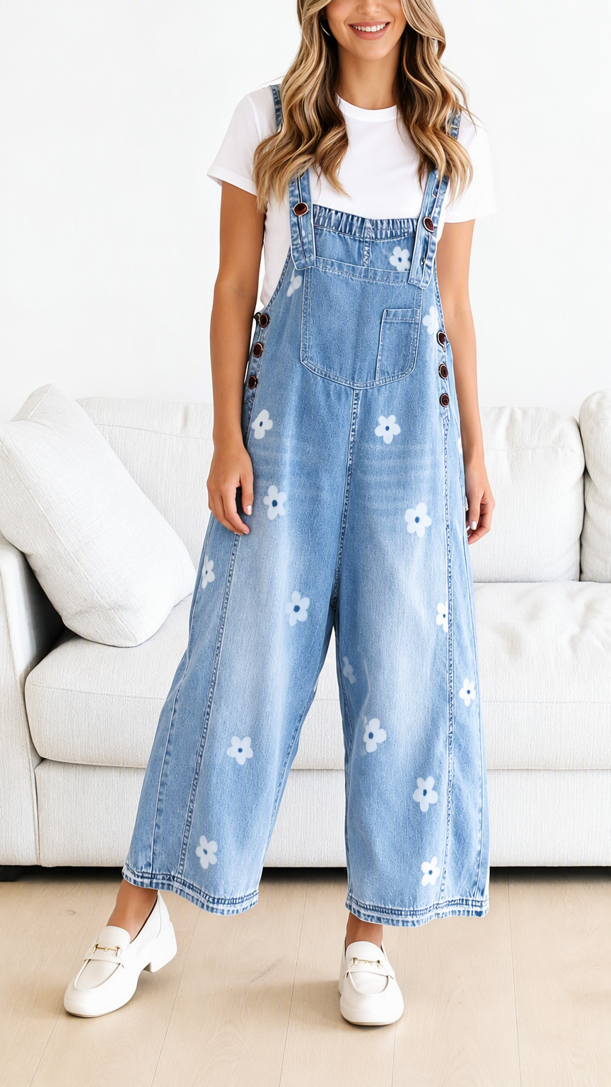 Chouyatou Women Floral Printed Adjustable Strap Denim Bib Overall Wide Leg Jeans Casual Baggy Overalls Jumpsuit