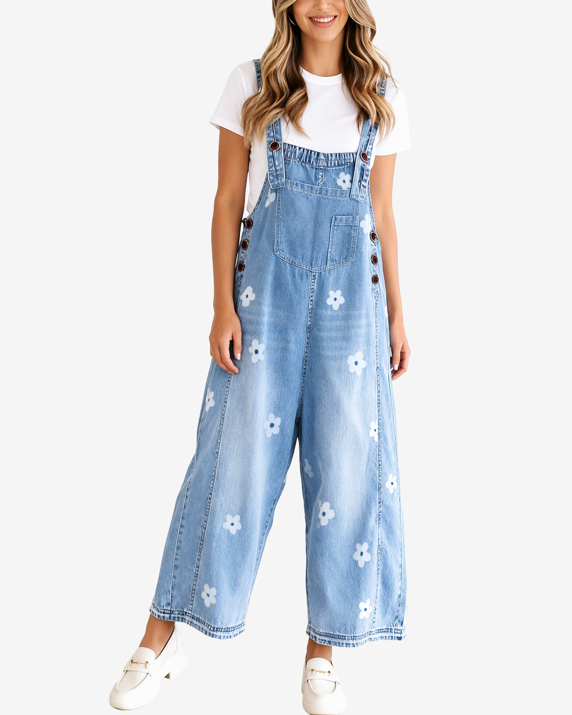 Chouyatou Women Floral Printed Adjustable Strap Denim Bib Overall Wide Leg Jeans Casual Baggy Overalls Jumpsuit