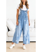 Chouyatou Women Floral Printed Adjustable Strap Denim Bib Overall Wide Leg Jeans Casual Baggy Overalls Jumpsuit