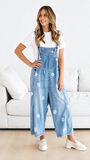 Chouyatou Women Floral Printed Adjustable Strap Denim Bib Overall Wide Leg Jeans Casual Baggy Overalls Jumpsuit