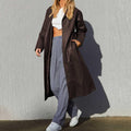 Chouyatou Women's Casual Lapel Open Front Pu Faux Leather Long Trench Coat with Belt