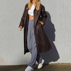 Chouyatou Women's Casual Lapel Open Front Pu Faux Leather Long Trench Coat with Belt