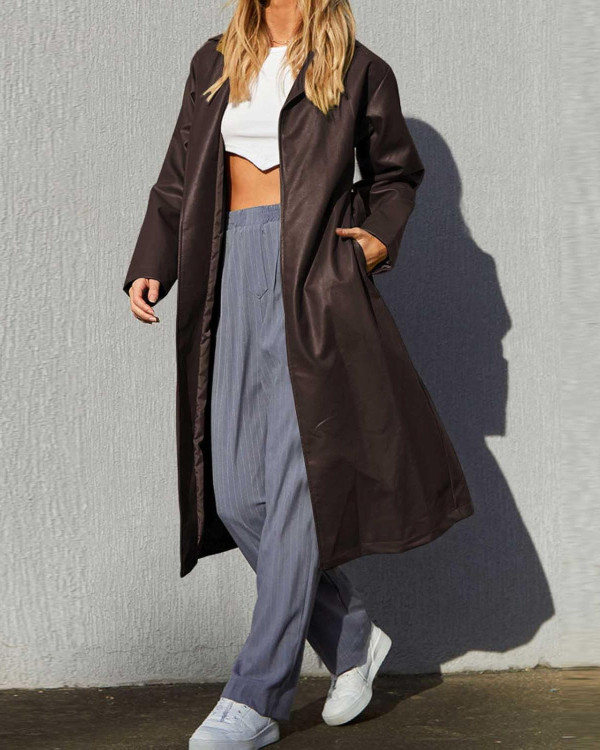 Chouyatou Women's Casual Lapel Open Front Pu Faux Leather Long Trench Coat with Belt