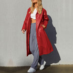 Chouyatou Women's Casual Lapel Open Front Pu Faux Leather Long Trench Coat with Belt