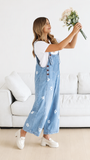 Chouyatou Women Floral Printed Adjustable Strap Denim Bib Overall Wide Leg Jeans Casual Baggy Overalls Jumpsuit