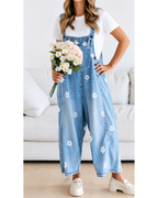 Chouyatou Women Floral Printed Adjustable Strap Denim Bib Overall Wide Leg Jeans Casual Baggy Overalls Jumpsuit