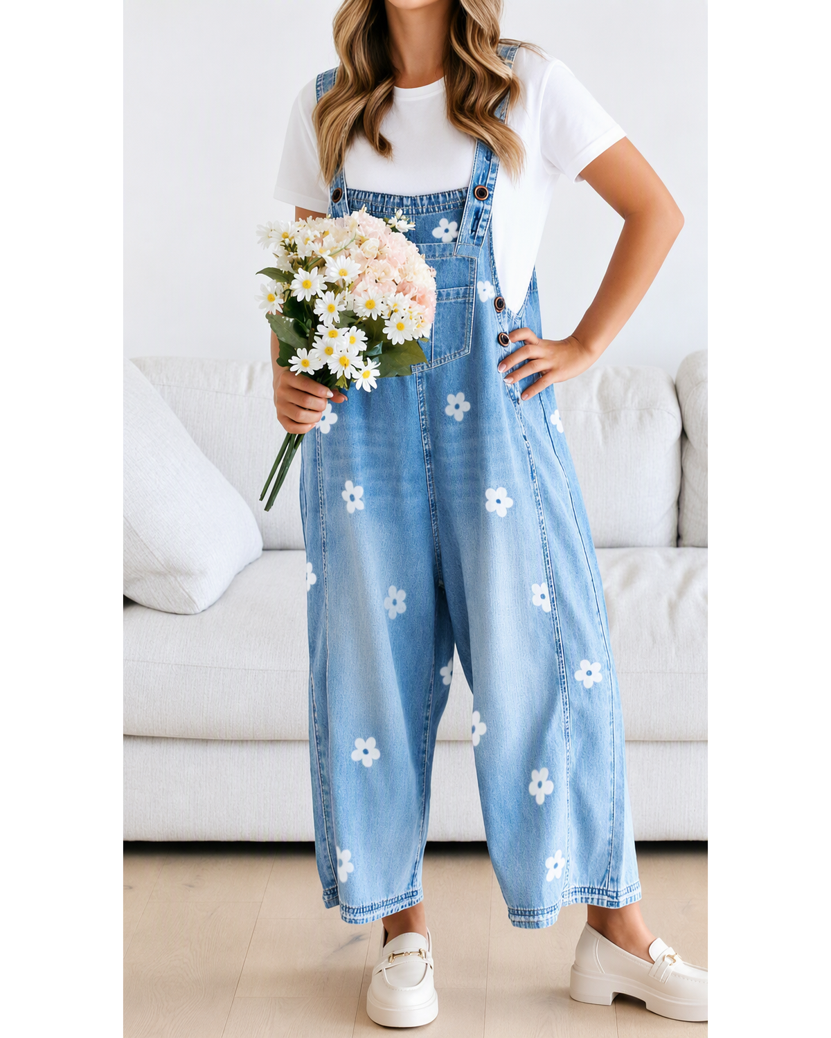 Chouyatou Women Floral Printed Adjustable Strap Denim Bib Overall Wide Leg Jeans Casual Baggy Overalls Jumpsuit