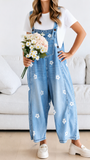 Chouyatou Women Floral Printed Adjustable Strap Denim Bib Overall Wide Leg Jeans Casual Baggy Overalls Jumpsuit