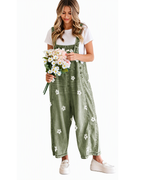Chouyatou Women Floral Printed Adjustable Strap Denim Bib Overall Wide Leg Jeans Casual Baggy Overalls Jumpsuit