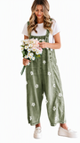 Chouyatou Women Floral Printed Adjustable Strap Denim Bib Overall Wide Leg Jeans Casual Baggy Overalls Jumpsuit