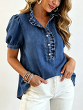 CHOUYATOU Denim Shirt Women Y2k Ruffle Denim Top Button Down Jean Shirt 2026 Summer Puff Short Sleeve Blouse