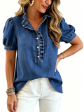 CHOUYATOU Denim Shirt Women Y2k Ruffle Denim Top Button Down Jean Shirt 2026 Summer Puff Short Sleeve Blouse