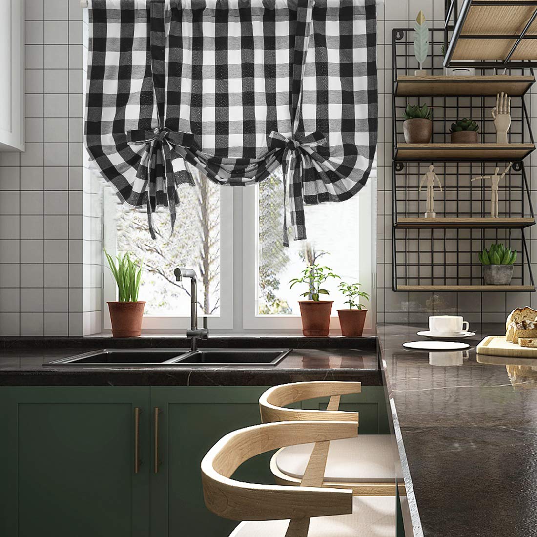 DOMOOK Grey and White Buffalo Check Tie Up Curtains Farmhouse Thermal Insulated Window Adjustable Balloon Curtain Shade for Small Window