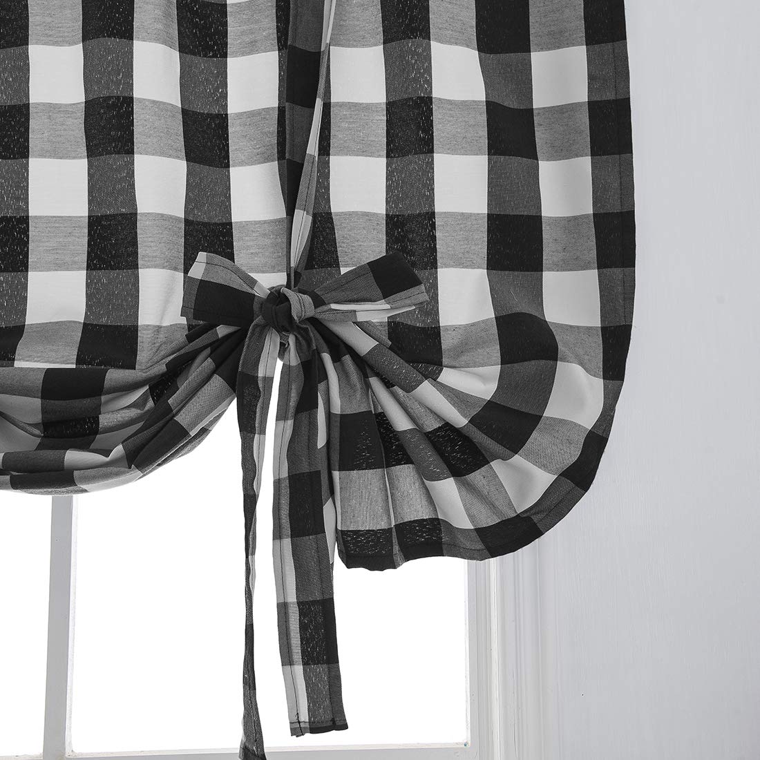 DOMOOK Grey and White Buffalo Check Tie Up Curtains Farmhouse Thermal Insulated Window Adjustable Balloon Curtain Shade for Small Window